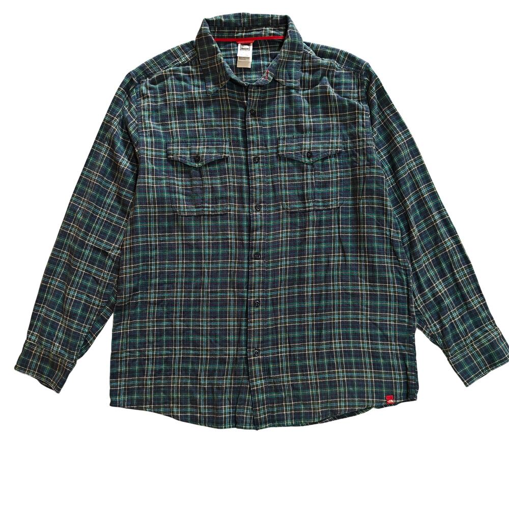 The North Face Plaid Flannel Button Up Shirt Mens XL Tall Blue Green